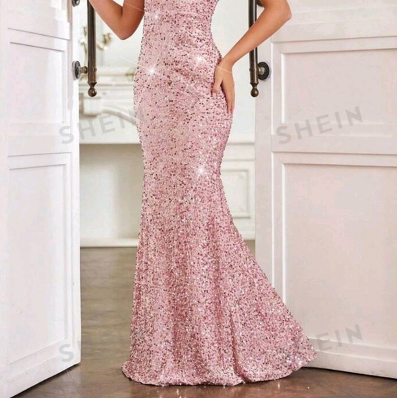 Belle Sweetheart Collar Mermaid Tail Sequin Dress Pink Prom Bridesmaid L NEW - Picture 4 of 8